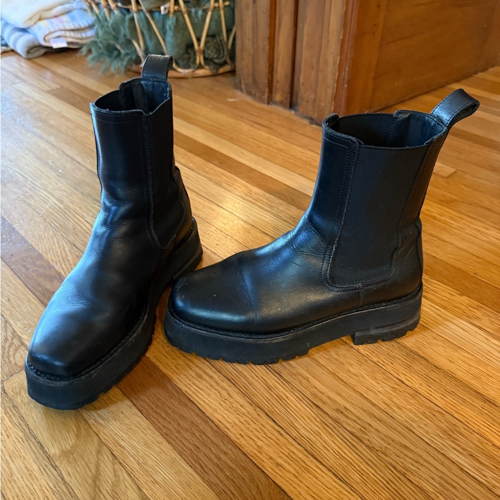 Square Toe Black Leather Ankle Boots